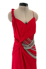 Fabulous 2000s Versace by Donatella Red Crepe Dress w Rhinestone & Silver Chain Detailing