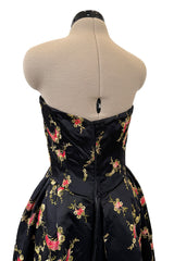 Dreamy 1960s Unlabeled Strapless Black Dress w Front Pink Panel & Floral Embroidery