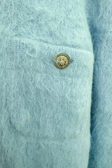 Fall 2019 Chanel by Karl Lagerfeld Pastel Baby Blue Knit Jacket w Handmade Snowflake Buttons