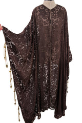 Rare 1960s Thea Porter Couture Brown Silk Open Caftan w Belt & Gold Tassles