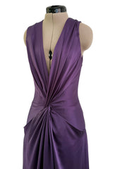 Minimalist Spring 2008 Alexander McQueen Purple Bias Cut Silk Dress w Front Plunge & Knot Detailing
