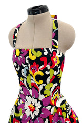 Gorgeous Resort 1993 Christian Lacroix Crisp Cotton Floral Print Halter Dress w Pouf Back Skirt