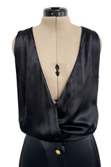 Spectacular 1990s Unlabeled Chanel by Karl Lagerfeld Black SIlk Dress w V Front & Logo Buttons