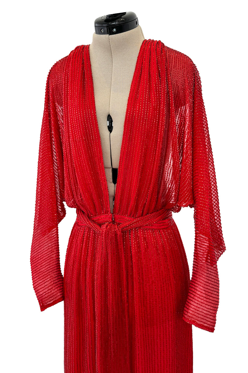 Iconic Resort 1980 Runway Fully Hand Beaded on Red Silk Chiffon Halston w Plunge Front