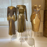 Outstanding Fall 1986 Thierry Mugler Pleated Metallic Gold Lurex Pleated Strapless Bodice 'Shell' Dress