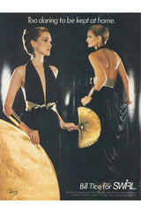 Documented 1981 Bill Tice Plunge Front Black & Gold Nylon Jersey Backless Halter Dress