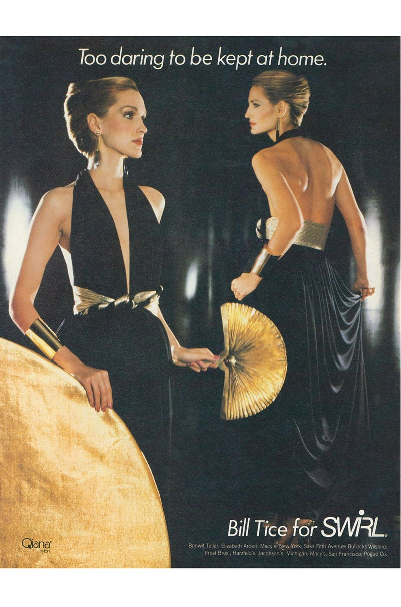 Documented 1981 Bill Tice Plunge Front Black & Gold Nylon Jersey Backless Halter Dress