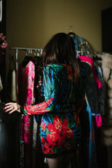 Stunning 2010s Balmain by Olivier Rousteing Huge Floral Print Front Plunge Knit Mini Dress