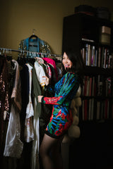 Stunning 2010s Balmain by Olivier Rousteing Huge Floral Print Front Plunge Knit Mini Dress