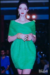 Spring 1988 Christian Lacroix Luxe Label Demi-Couture Lime Green Puff Silk Dress W Changeable Panel