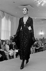 Incredible Fall 1970 Donald Brooks Runway Black Chenille & Sequin Net Lace Dress w Plunge Front