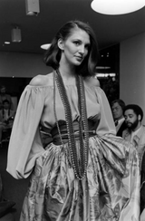 Fall 1977 Bill Blass Printed Silk Taffeta Skirt & Off Shoulder Purple Silk Top Dress Set