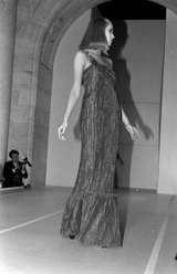 Fall 1982 Mary McFadden Purple Pleated Dress w Elaborate Beaded Gold Cord Shoulder