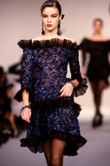 Fall 1987 Yves Saint Laurent Runway Off Shoulder Dress w Metallic Thread & Ruffled Detailing