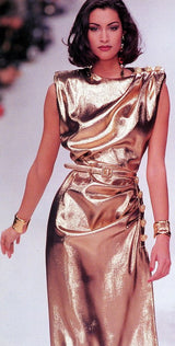Iconic Fall 1991 Yves Saint Laurent Runway Slinky Gold Lame Dress w Gold Button Details