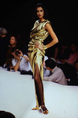 Iconic Fall 1991 Yves Saint Laurent Runway Slinky Gold Lame Dress w Gold Button Details