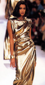 Iconic Fall 1991 Yves Saint Laurent Runway Slinky Gold Lame Dress w Gold Button Details