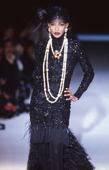 Fall 1992 Emanuel Ungaro Strapless Sequin SIlk & Lace Black Dress w Fringed & Beaded Hem
