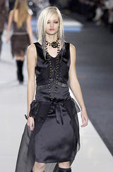 Phenomenal Fall 2002 Chanel by Karl Lagerfeld Black Silk Dress w Velvet Detail & Back Panel