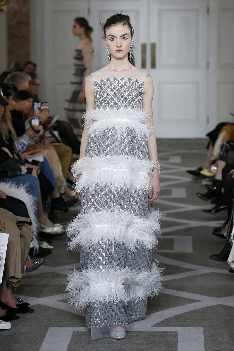 Fantastic Fall 2019 Huishan Zhang Silver Sequin on White Net & Organza Dress w Feather Detailing