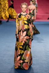 Stunning Fall 2020 Richard Quinn Runway Tropical Floral Print Dress w Jeweled Cuffs & Collar