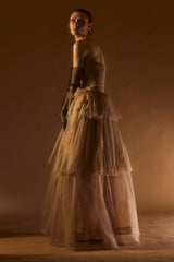 Prettiest Fall 2024 Atelier Prabal Gurung Look 7 Black Dotted Pale Nude Pinkish Net Strapless Dress w Full Skirts