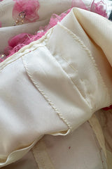 Late 1960s Belleville et Cie Couture Ivory Silk Net Dress w Pink Chiffon & Beaded Details