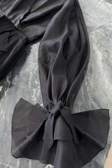 Chic 1970s Bill Blass Black Silk Organza Dress w Balloon Sleeves & Ruffle Detailed Full Skirt