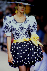 Spectacular Spring 1992 Yves Saint Laurent Haute Couture Look 47 Runway Dot & Embroidered Floral Pouf Dress