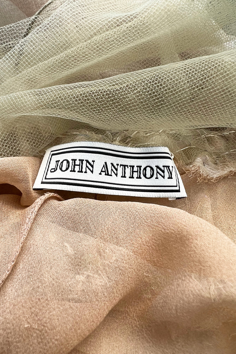 Dreamy 1993 John Anthony Couture Ivory Silk Chiffon Dress w Extensive Beading & Train