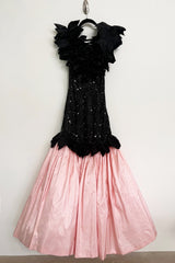 Rare 1986 Fabrice Simon Couture Off Shoulder Beaded Black Dress w Pastel Pink Lower Skirts