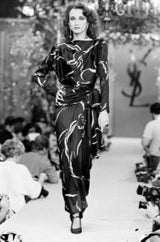 Fall 1985 Unlabeled Ady Couture for YSL Black Silk Hip Swag Dress w Pink Bow Print