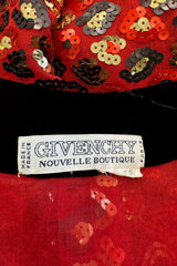 Spectacular Fall 1990 Givenchy Red Silk Organza Button Dress w Sequins & Velvet Trim &