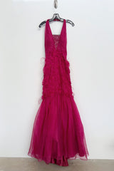 1990s Thierry Mugler Pink Silk Organza Halter Dress w Full Lower Skirts & Sequin Detailing
