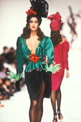 Incredible Spring 1990 Yves Saint Laurent Runway Brilliant Green Jacket w Pink Lining & Black Skirt Set