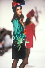Incredible Spring 1990 Yves Saint Laurent Runway Brilliant Green Jacket w Pink Lining & Black Skirt Set