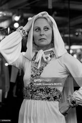 Stunning Spring 1971 Loris Azzaro Deep Turquoise Silk Jersey Dress w Densely Beaded Plunging Front Detail