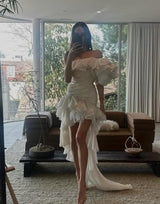 Spring 1988 Emanuel Ungaro Haute Couture Ivory Silk, Silk Net & Dotted Tulle One Shoulder Trained Mini Dress