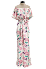 Dreamy Spring 1987 Yves Saint Laurent Off Shoulder Pink Feather & Bow Print Silk Dress