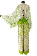 Fantastic 1970s Pauline Trigere Two Piece Green Silk Chiffon Plunge Top & Wide Leg Pant Set