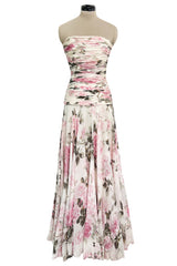 Prettiest 1970s Lanvin Couture Pastel Floral Print Strapless Silk Chiffon Dress w Balloon Sleeve Jacket