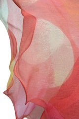 Hanae Mori Couture Fall 1973 Runway Pastel Coral Bird Print Silk Chiffon Ruffled Caftan Dress