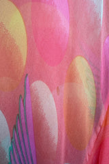 Hanae Mori Couture Fall 1973 Runway Pastel Coral Bird Print Silk Chiffon Ruffled Caftan Dress