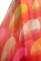 Hanae Mori Couture Fall 1973 Runway Pastel Coral Bird Print Silk Chiffon Ruffled Caftan Dress