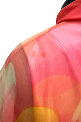 Hanae Mori Couture Fall 1973 Runway Pastel Coral Bird Print Silk Chiffon Ruffled Caftan Dress