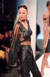 Amazing Spring 2001 Thierry Mugler Couture Runway Brown  Silk Net Wrap Top w Leather Detailing