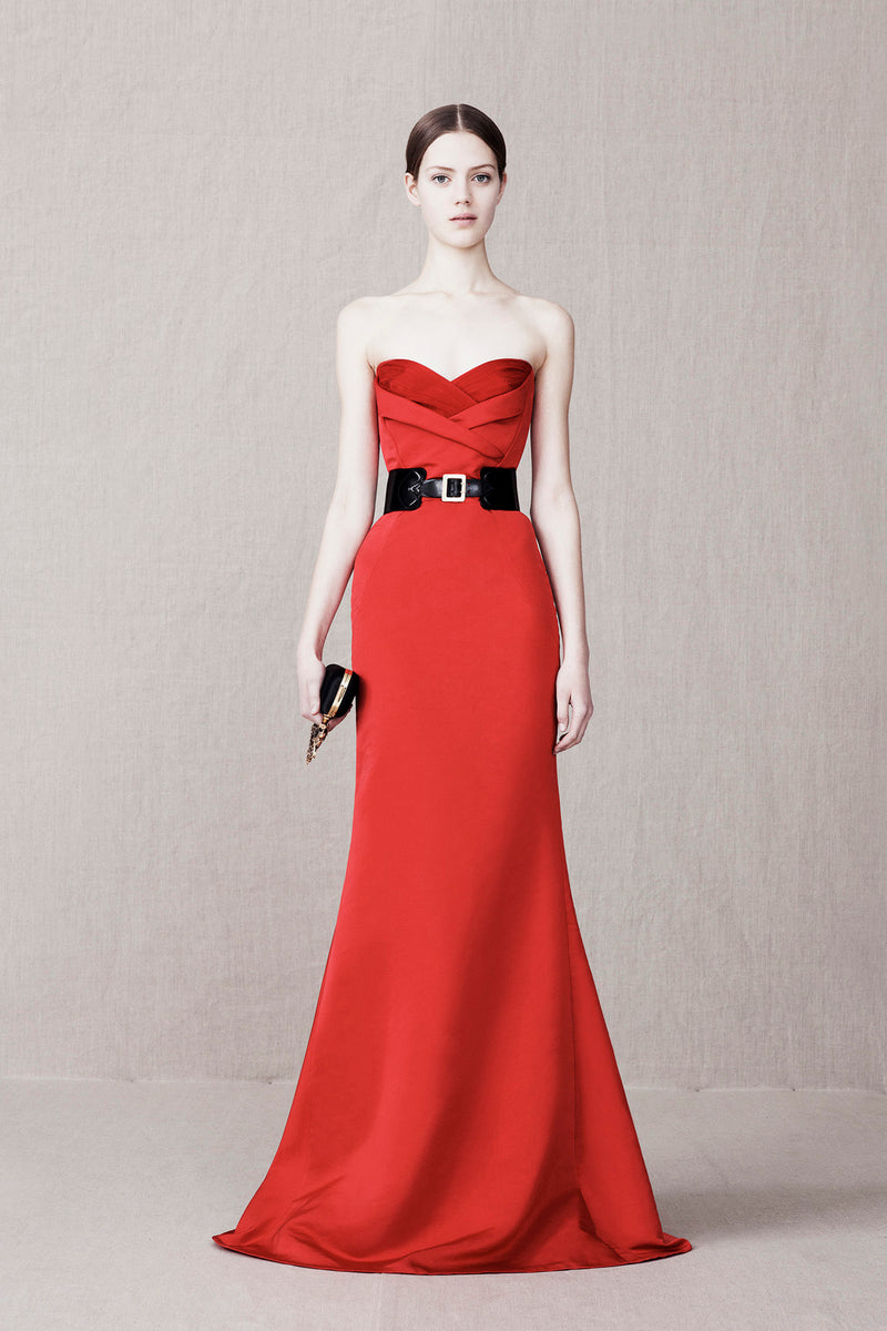 Pre-Fall 2013 Alexander McQueen by Sarah Burton Coral Red Silk Strapless Dress w Tulle Detailing
