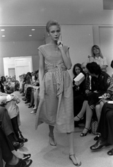Chic & Minimalist Resort 1974 Halston Vogue Documented Red & White Striped Cotton Plunge Dress Dress