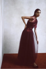 Gorgeous Resort 2020 Khaite Look 21 Burgundy Net Full Skirted Dress & Underskirt