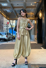 1981 Bill Tice Gold Metallic Backless Jumpsuit w Wide Balloon Legs